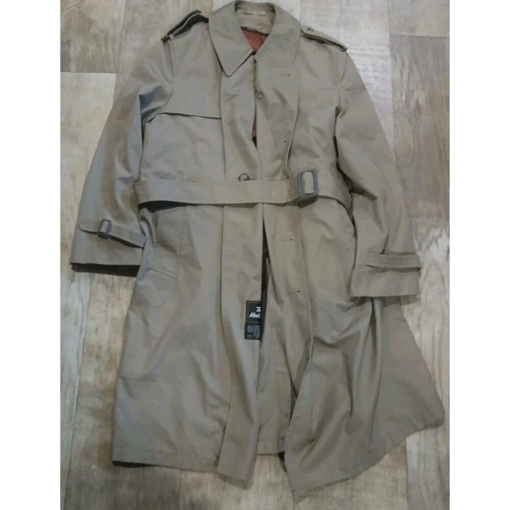 Vintage Mens Trench Coat Size 40 Reg Tan Beige Removable Liner Belt
